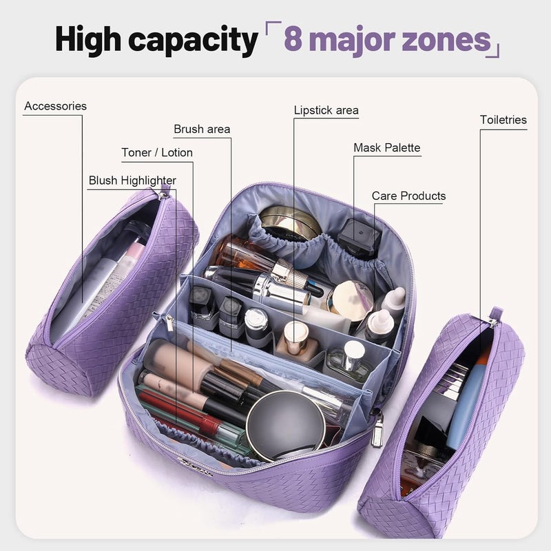 BOYATU Travel Makeup Bag Cosmetic Bags for Women: Large Capacity 3 Pcs Set Make up Bag with Compartments - Waterproof Vegan Leather Toiletry Organizer Bags with Handle (L01 Purple) - Image 4